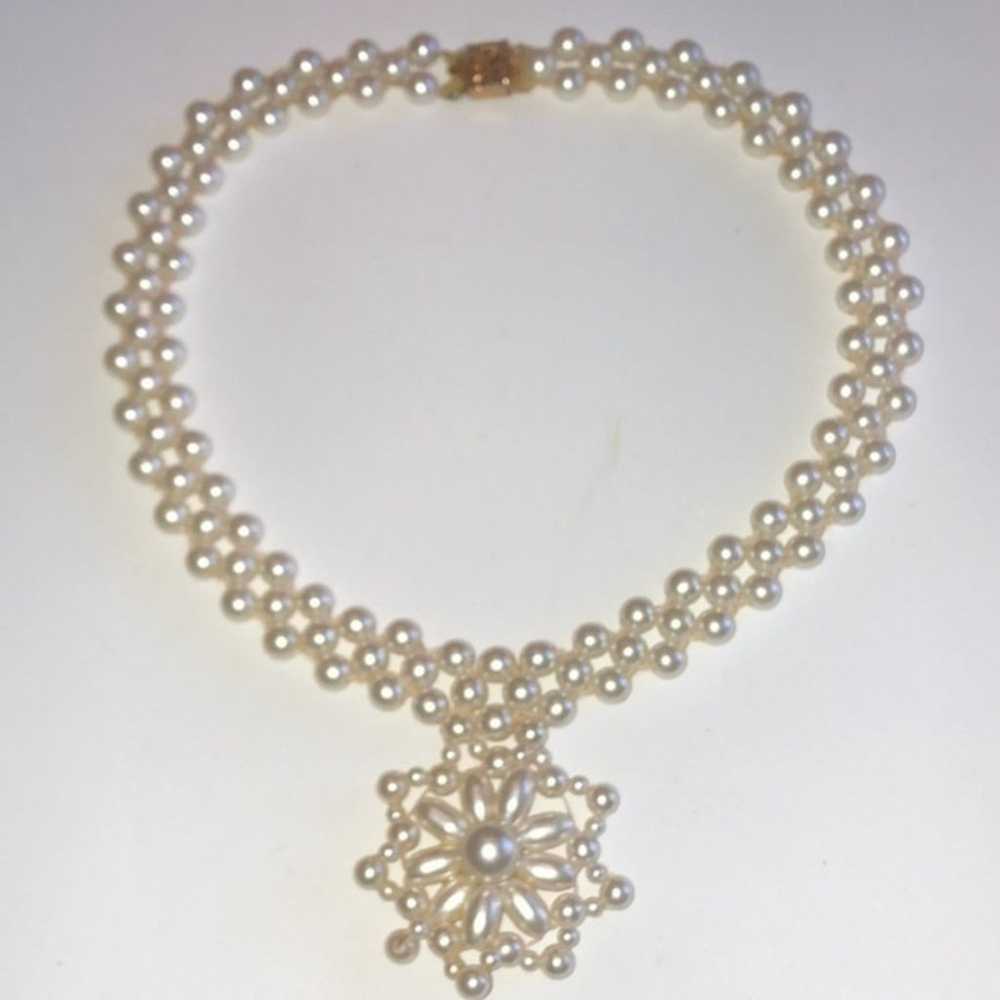 Vintage Faux Pearl Cluster Beaded Pendant Necklace - image 1