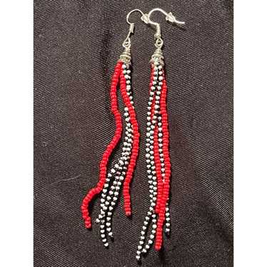 Sterling Silver Red Black and White Long Fringe E… - image 1