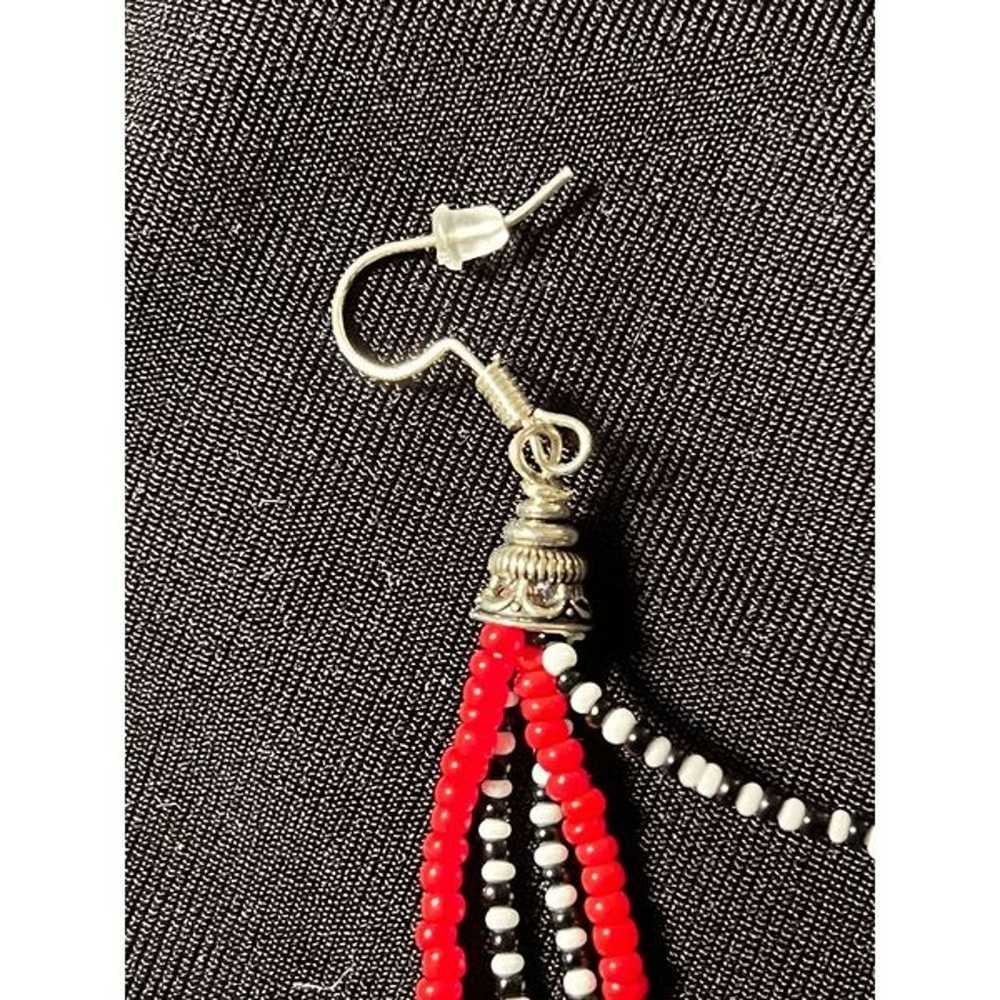 Sterling Silver Red Black and White Long Fringe E… - image 2