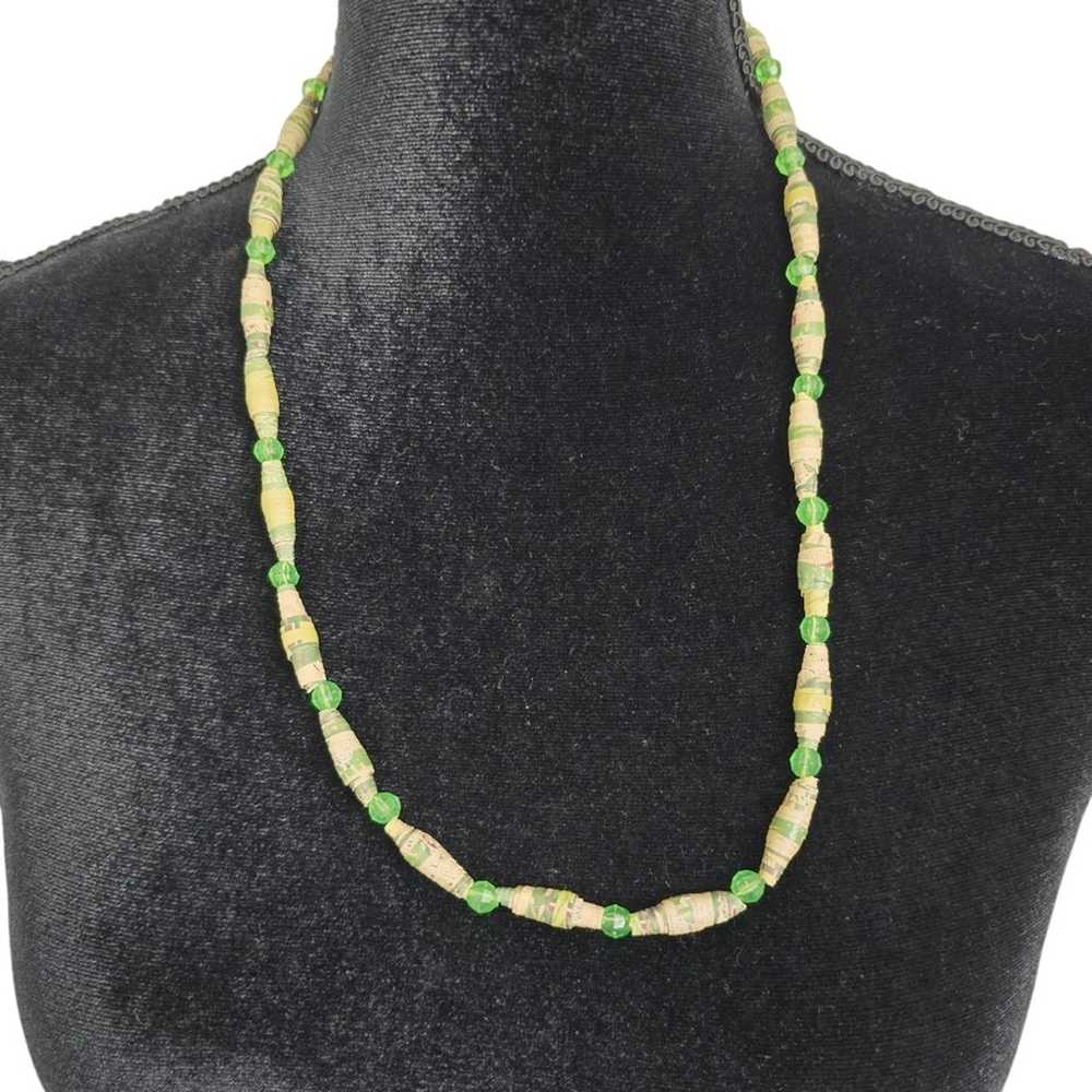 Vintage Recycled Paper Beaded Green Necklace Hand… - image 1