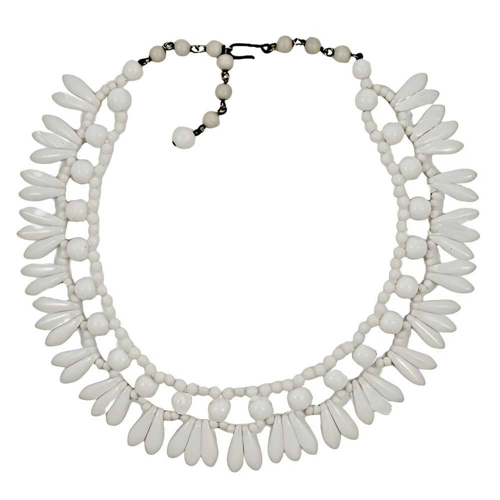 Art Deco Style White Milk Glass Drop Fringe Neckl… - image 1