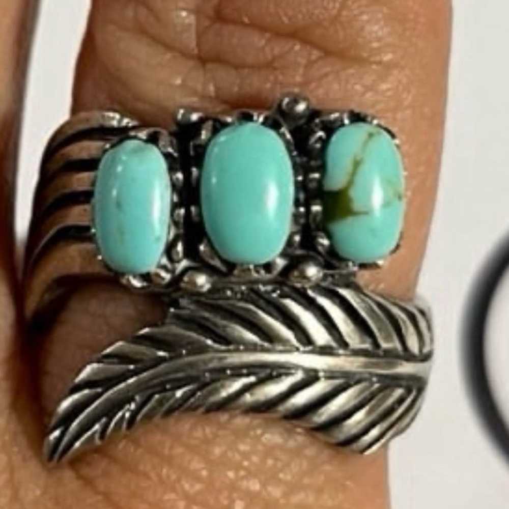 Vintage Sterling Silver Turquoise Leaf Ring. size… - image 1