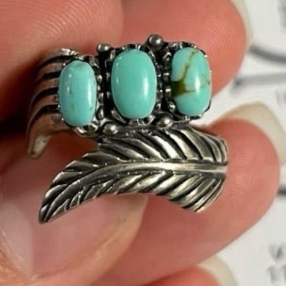 Vintage Sterling Silver Turquoise Leaf Ring. size… - image 3