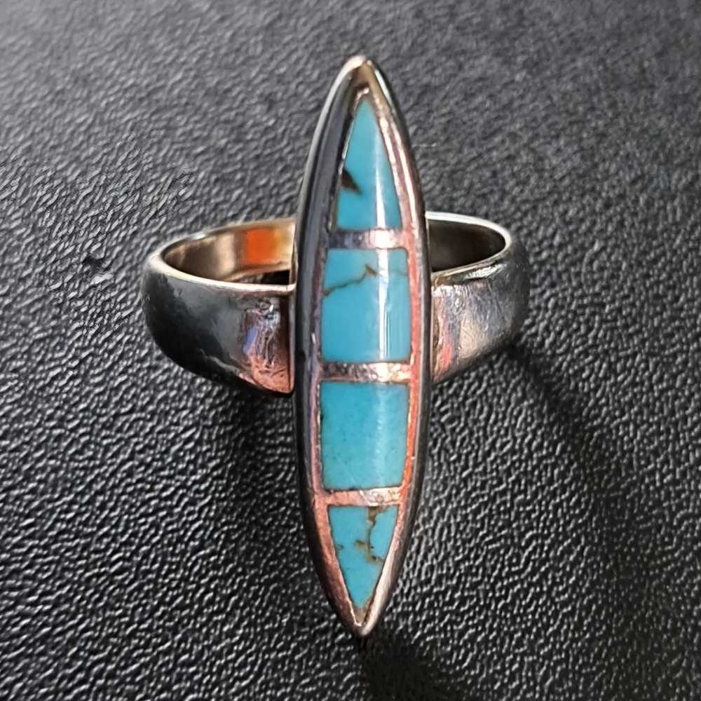 Vintage Genuine Turquoise Sterling Silver Ring Si… - image 1