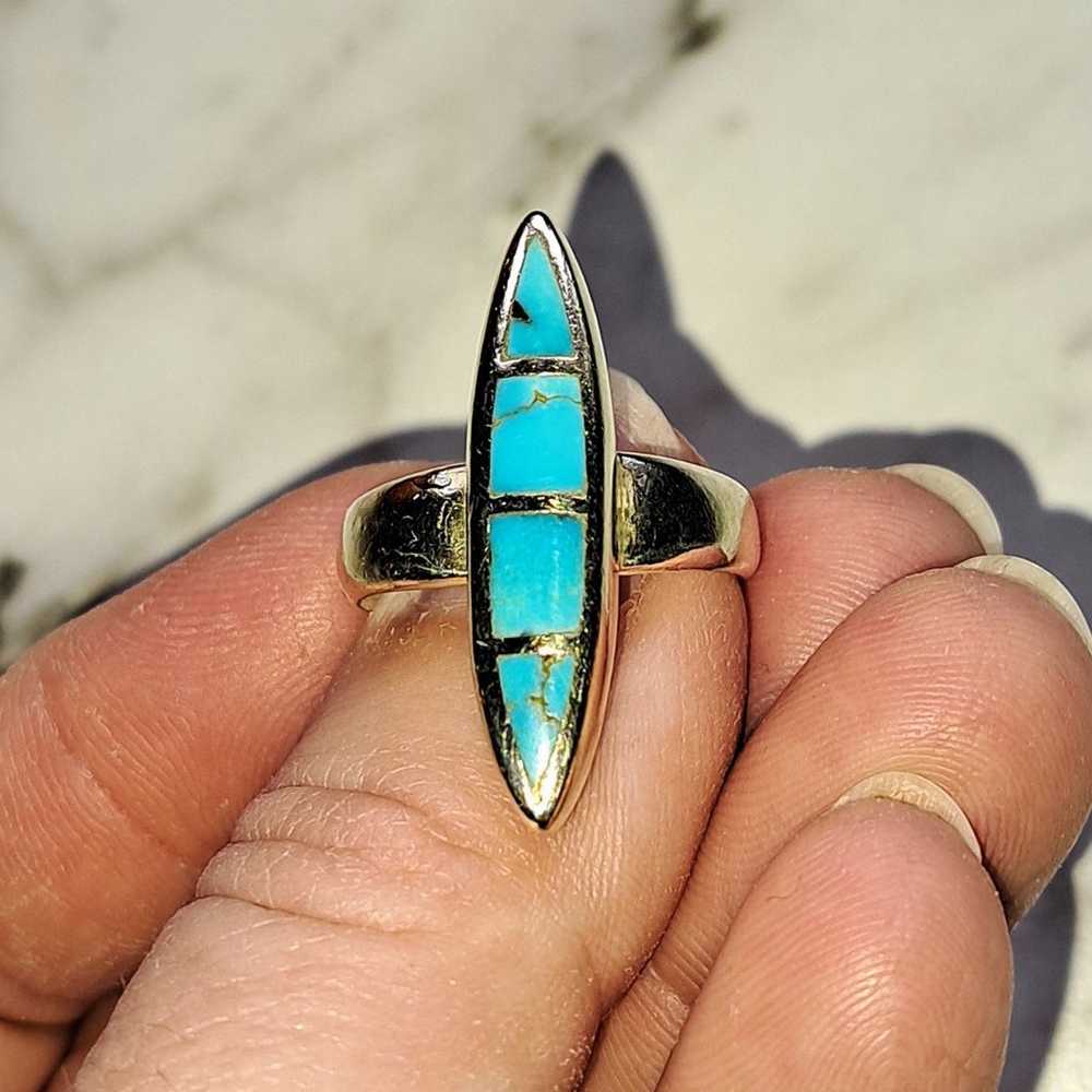 Vintage Genuine Turquoise Sterling Silver Ring Si… - image 2