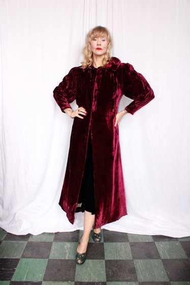 1930s Silk Velvet Bordeaux Red Coat - Medium