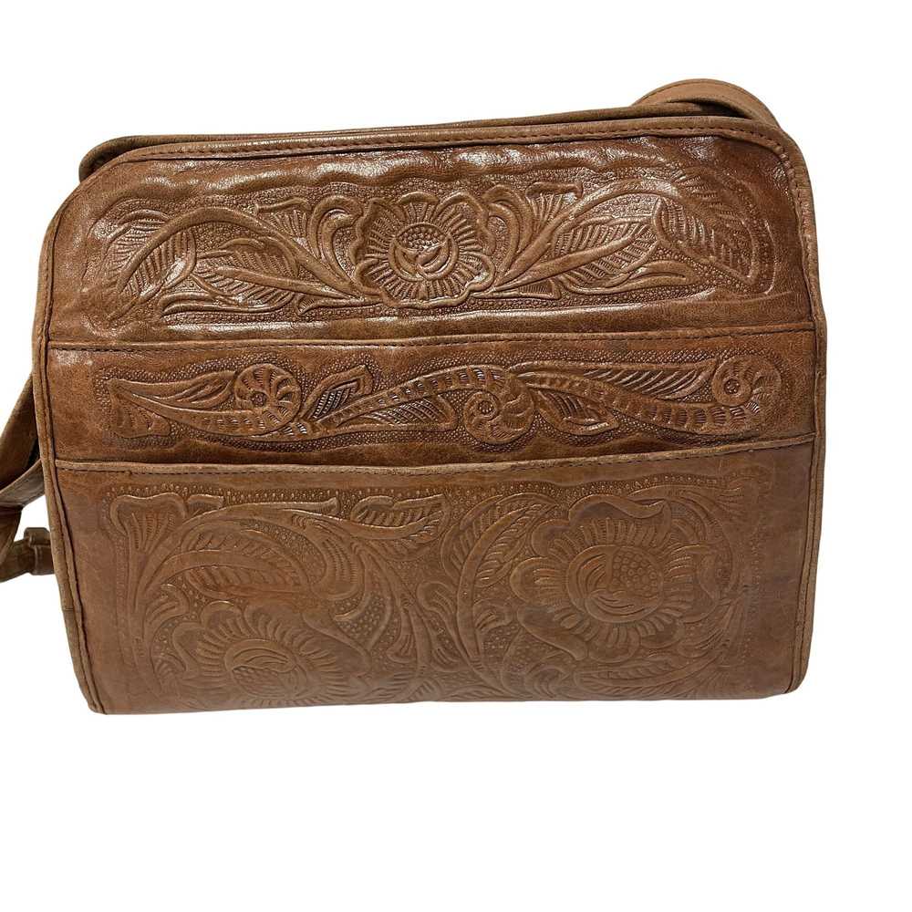 Other Vtg TOOLED Leather FLORAL BoHo Handbag COWB… - image 2