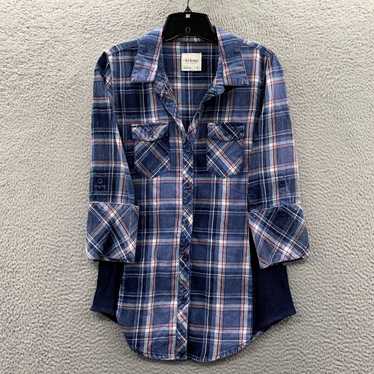 Vintage Blue and White Plaid Long Sleeve Button U… - image 1