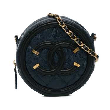 Blue Chanel Caviar CC Filigree Round Crossbody Bag