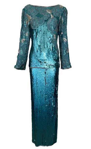 Early 1980s Halston Aqua Sequin and Beaded Ensembl