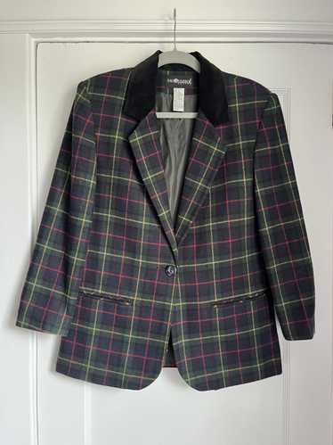 Designer Vintage Plaid Blazer with Velvet Collar