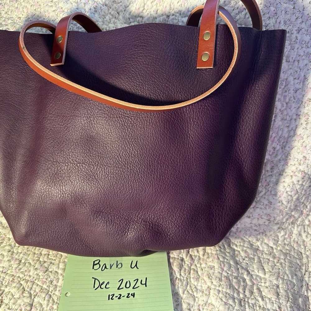 Portland Leather Plum Tote with tan handles - image 2