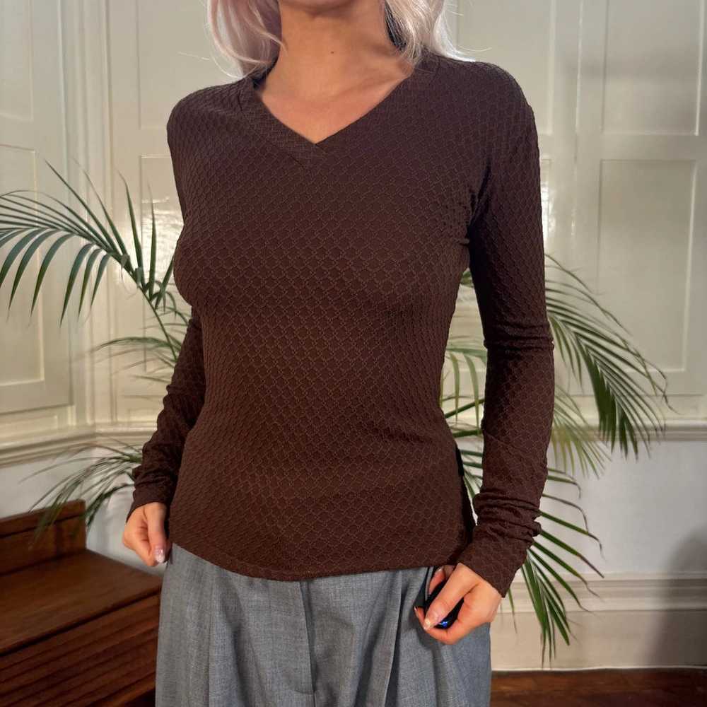 Guess V-neck Long Sleeve Top - Medium Brown Nylon… - image 2