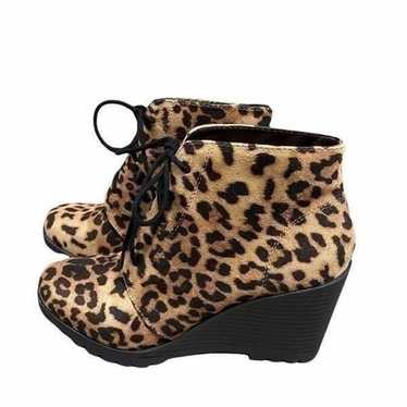 Soda Cheetah Faux Suede Print Lace Up Wedge Bootie