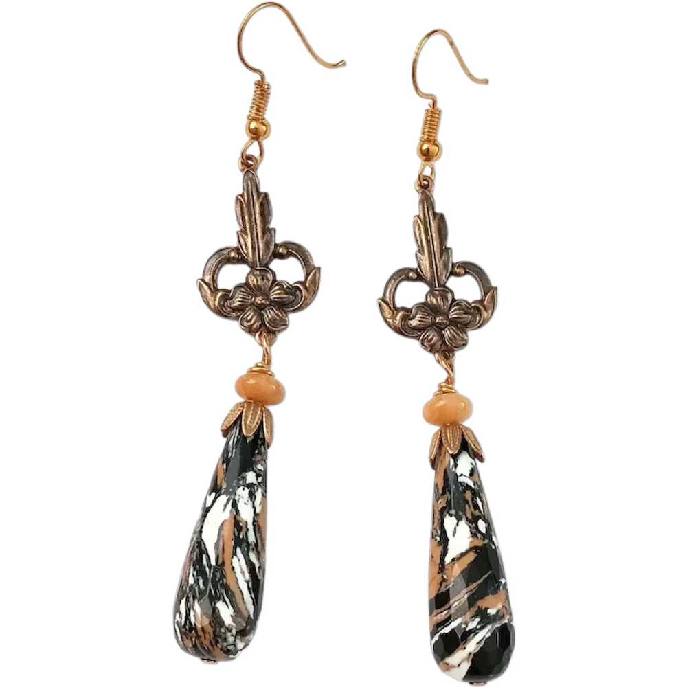 Art Nouveau Style Jasper and Jade Earrings - image 1