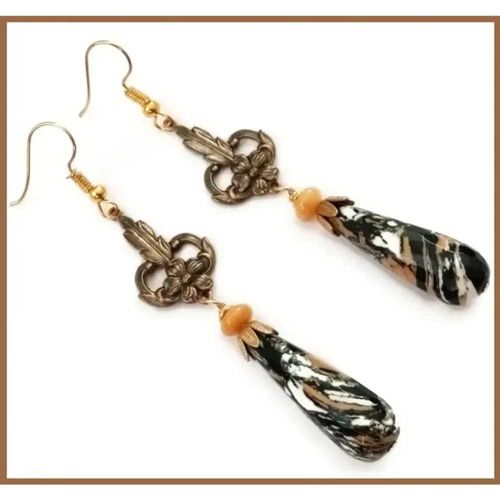 Art Nouveau Style Jasper and Jade Earrings - image 2