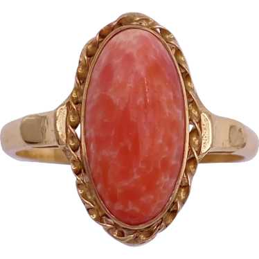 Vintage Czech Glass Faux Coral Ring 14K Gold - image 1