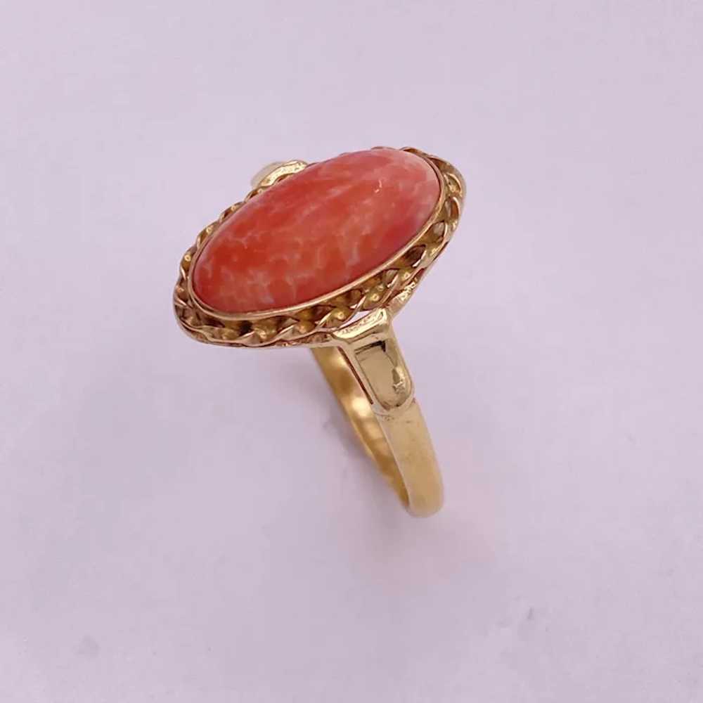 Vintage Czech Glass Faux Coral Ring 14K Gold - image 5