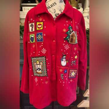 Red Vintage Fleece Button Down Christmas Holiday … - image 1