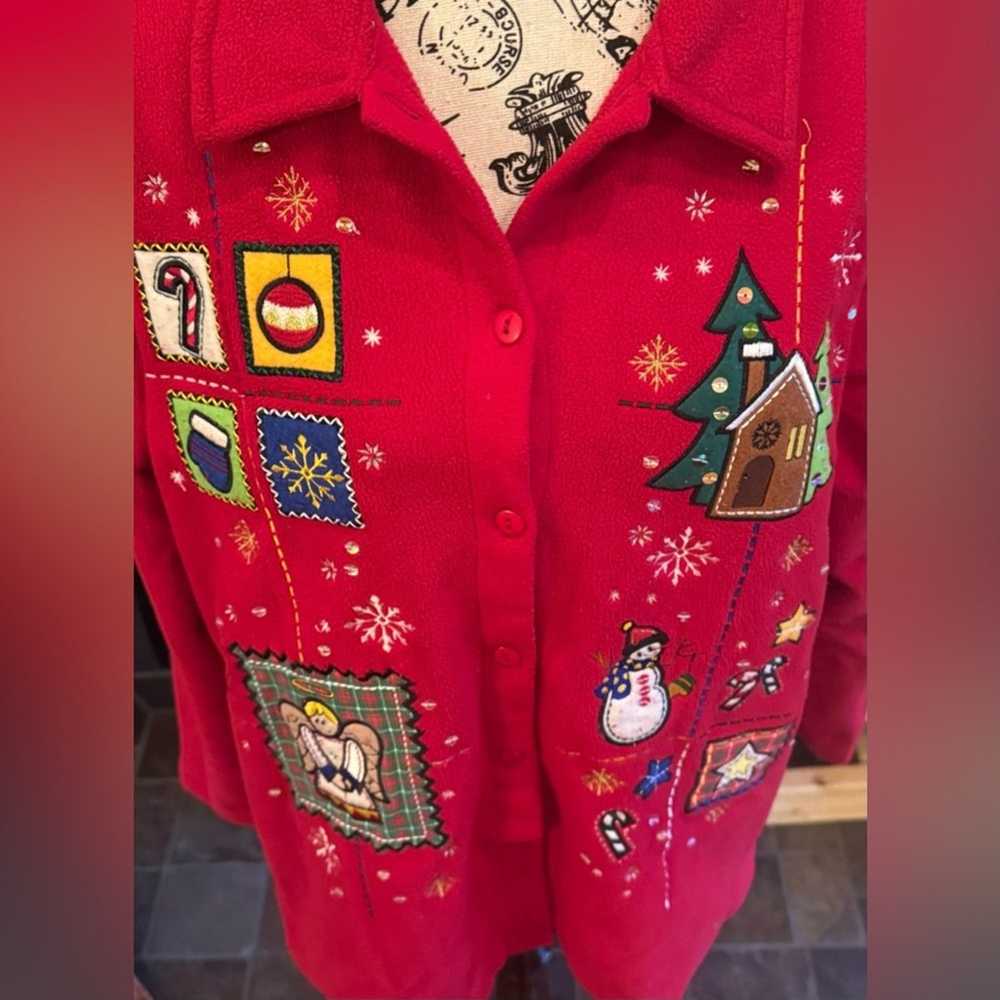 Red Vintage Fleece Button Down Christmas Holiday … - image 5