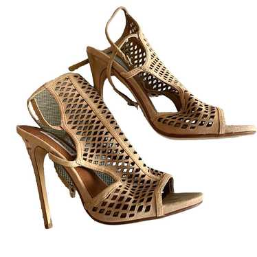 Madden Girl Maylin Taupe Suede Caged Fishnet Heels