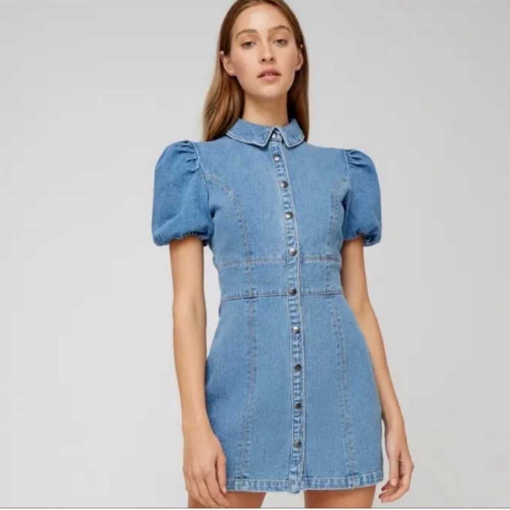 The Fifth Label Denim Mini Dress Puff Sleeve Butt… - image 1