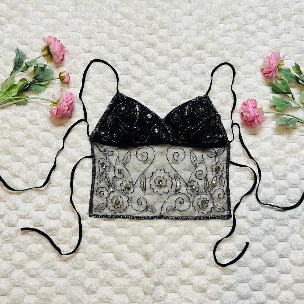 Y2K Vintage Black Floral Beaded Halter Top - image 1