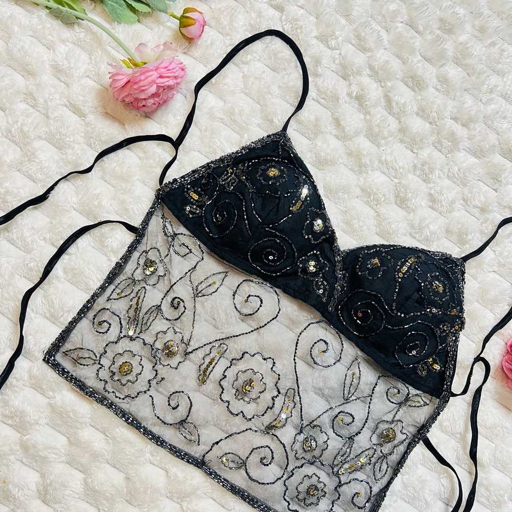 Y2K Vintage Black Floral Beaded Halter Top - image 2