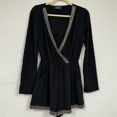 ASTR Black Long Sleeve Beaded Trim Dressy Romper W