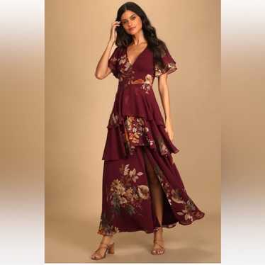 Midnight Mood Burgundy Floral Print Tiered Maxi D… - image 1