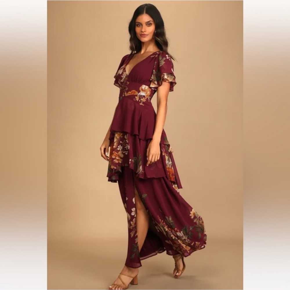 Midnight Mood Burgundy Floral Print Tiered Maxi D… - image 2