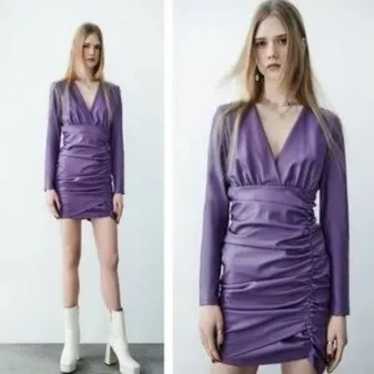 Zara Purple Faux Leather V Neck Dress