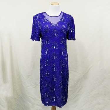 Vintage Stenay sequin dress royal blue keyhole 8 - image 1