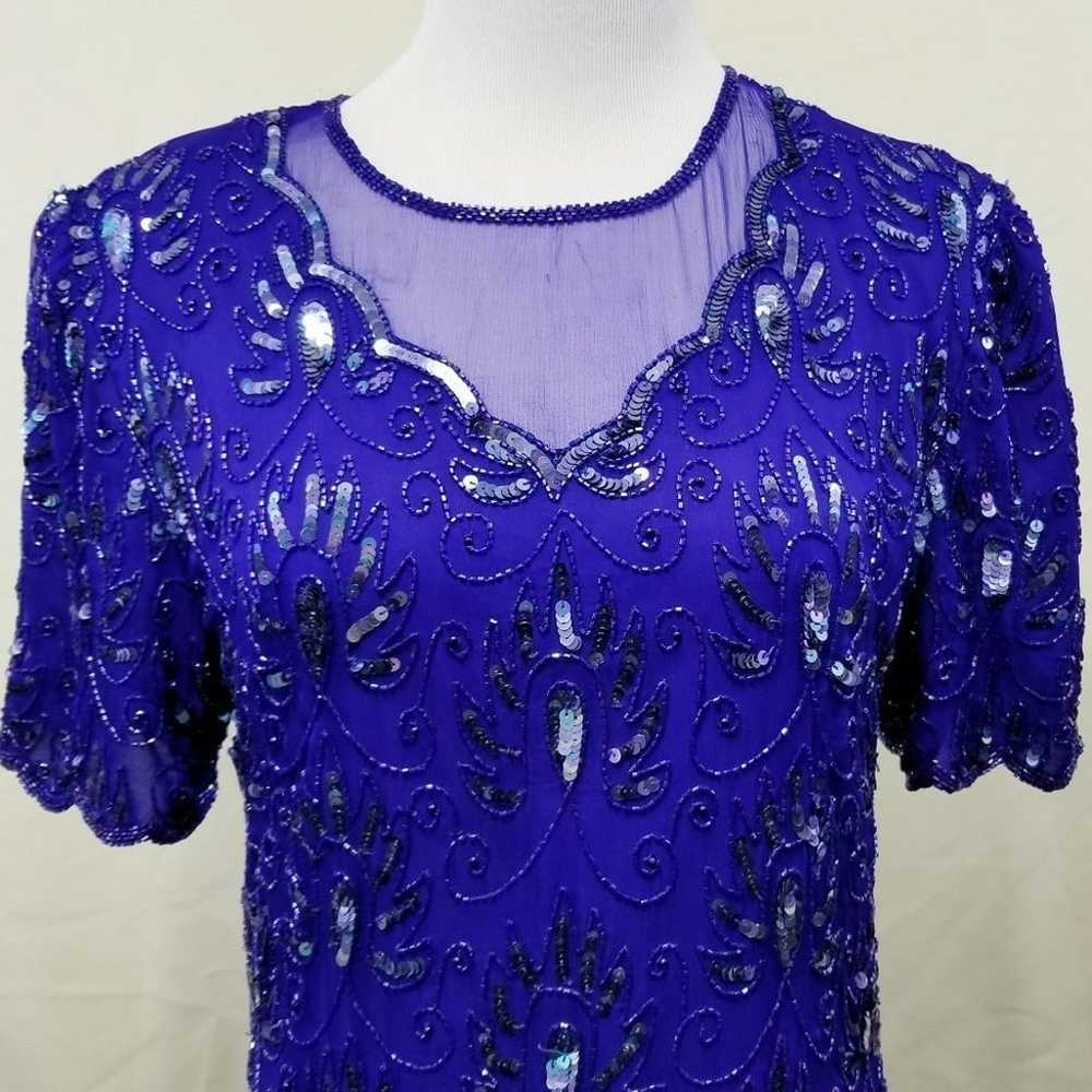 Vintage Stenay sequin dress royal blue keyhole 8 - image 3