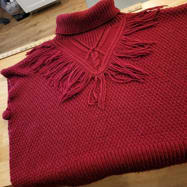 Vintage Burgundy Knit Turtle Neck Poncho Sweater … - image 1