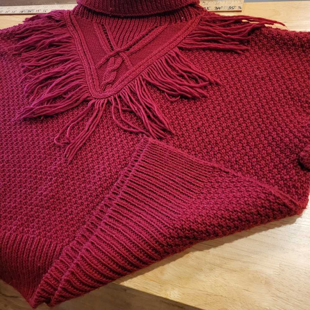 Vintage Burgundy Knit Turtle Neck Poncho Sweater … - image 4