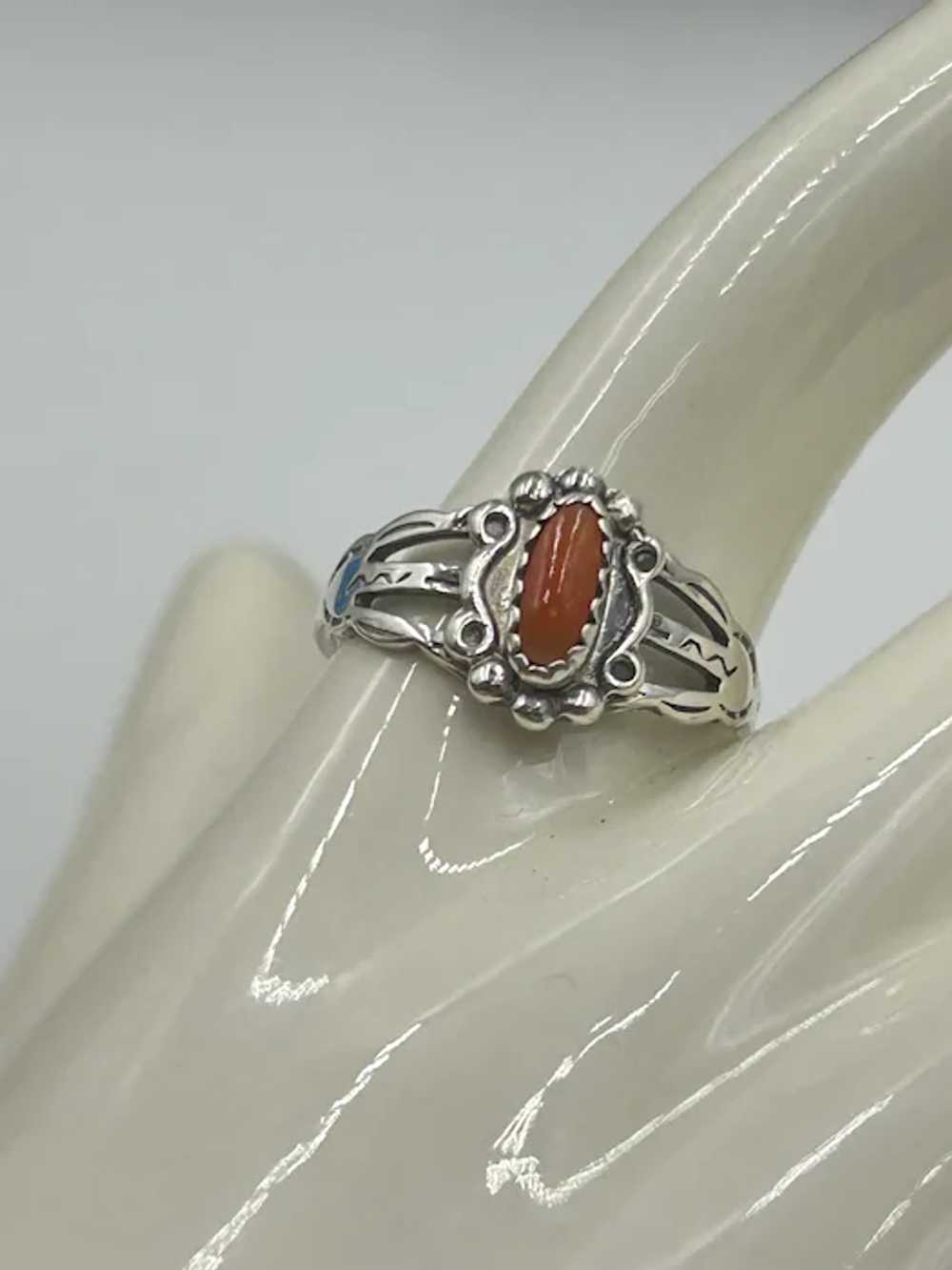 Southwestern Coral Ring Size 6 Sterling Silver Se… - image 3