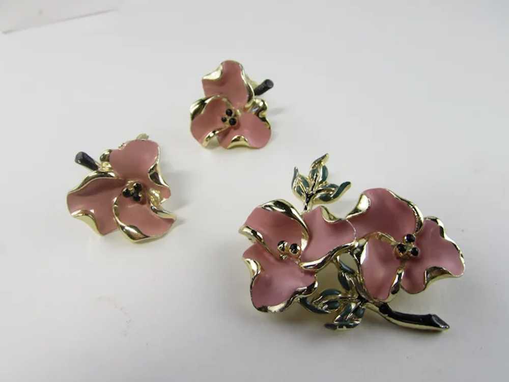 Dogwood Enamelled Flower Pin and Matching Clip On… - image 11