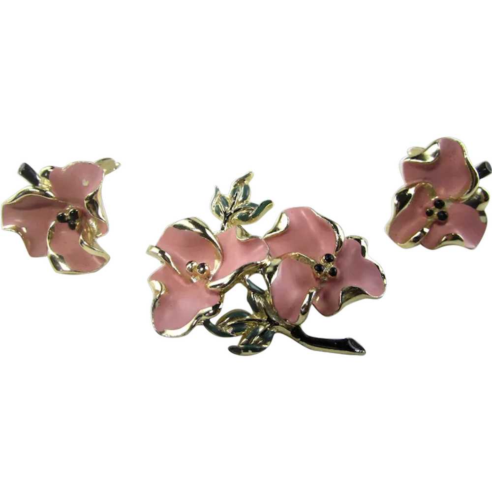 Dogwood Enamelled Flower Pin and Matching Clip On… - image 1