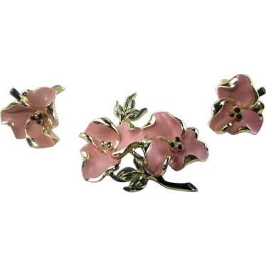 Dogwood Enamelled Flower Pin and Matching Clip On… - image 1