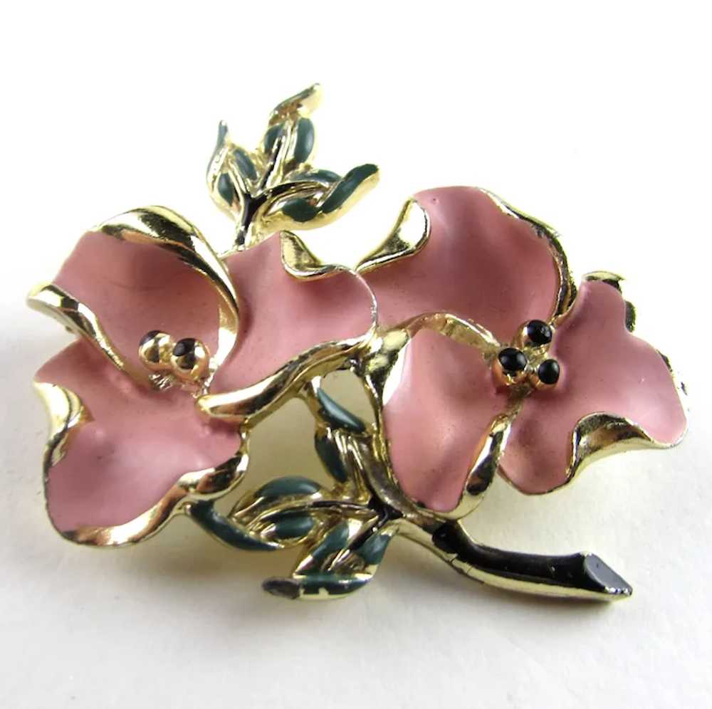 Dogwood Enamelled Flower Pin and Matching Clip On… - image 3