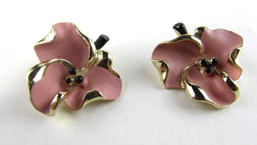 Dogwood Enamelled Flower Pin and Matching Clip On… - image 4