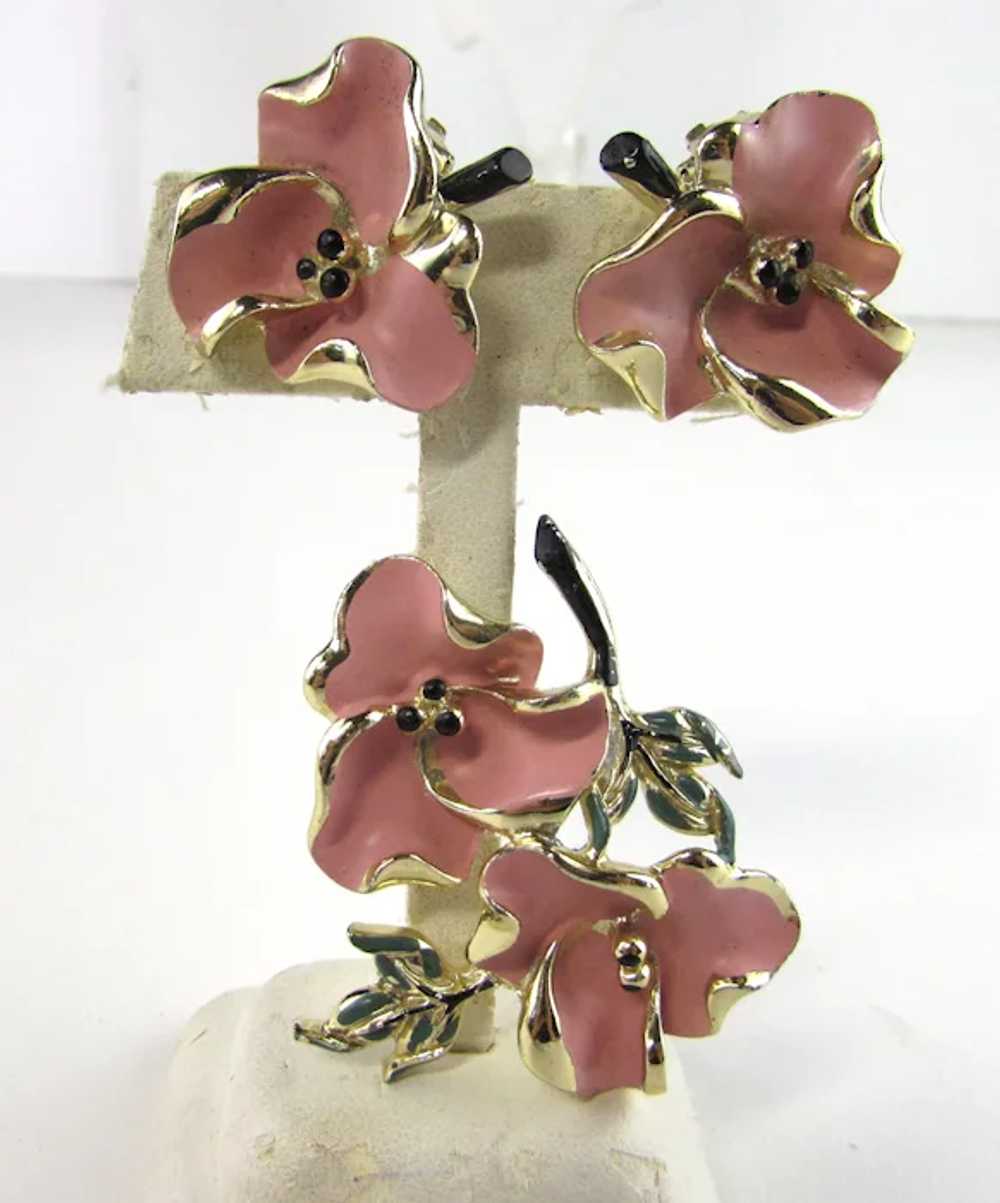 Dogwood Enamelled Flower Pin and Matching Clip On… - image 5