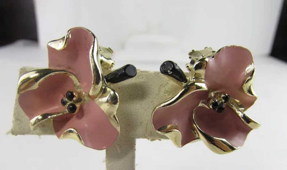 Dogwood Enamelled Flower Pin and Matching Clip On… - image 6