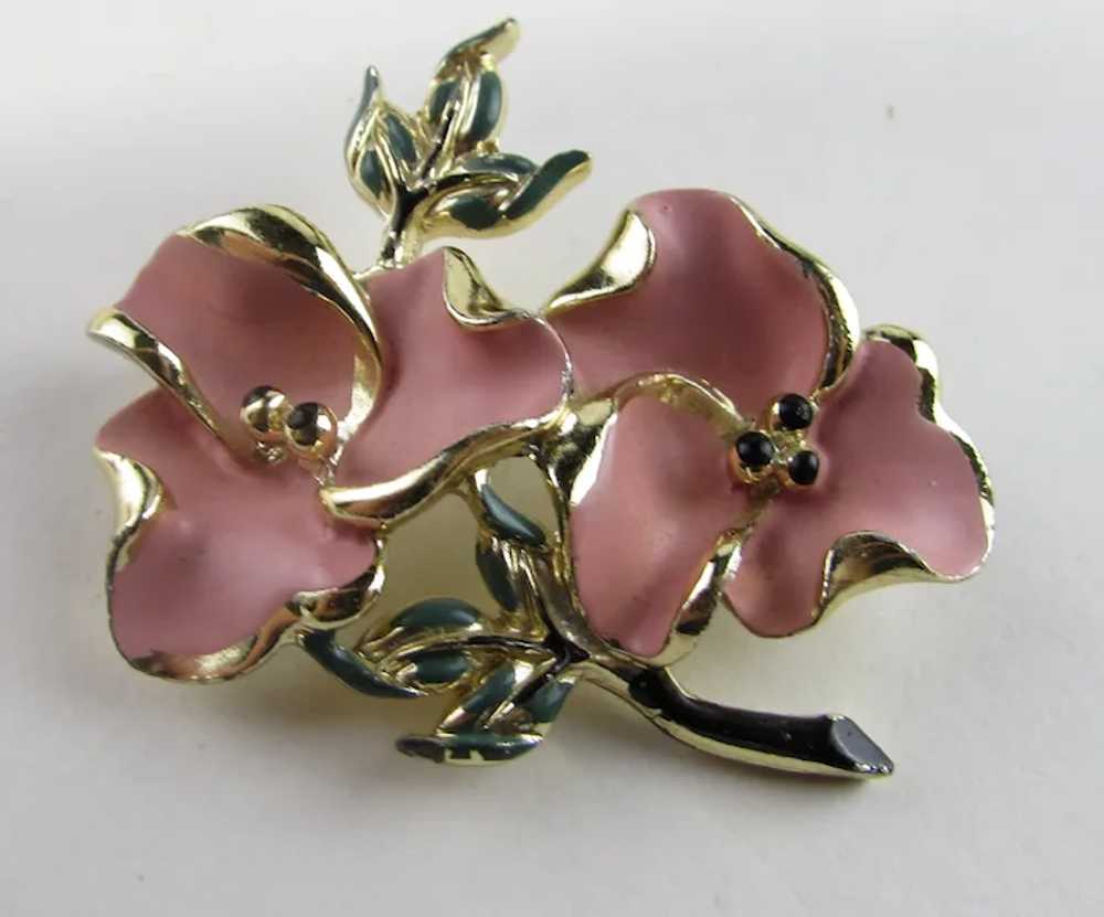 Dogwood Enamelled Flower Pin and Matching Clip On… - image 7