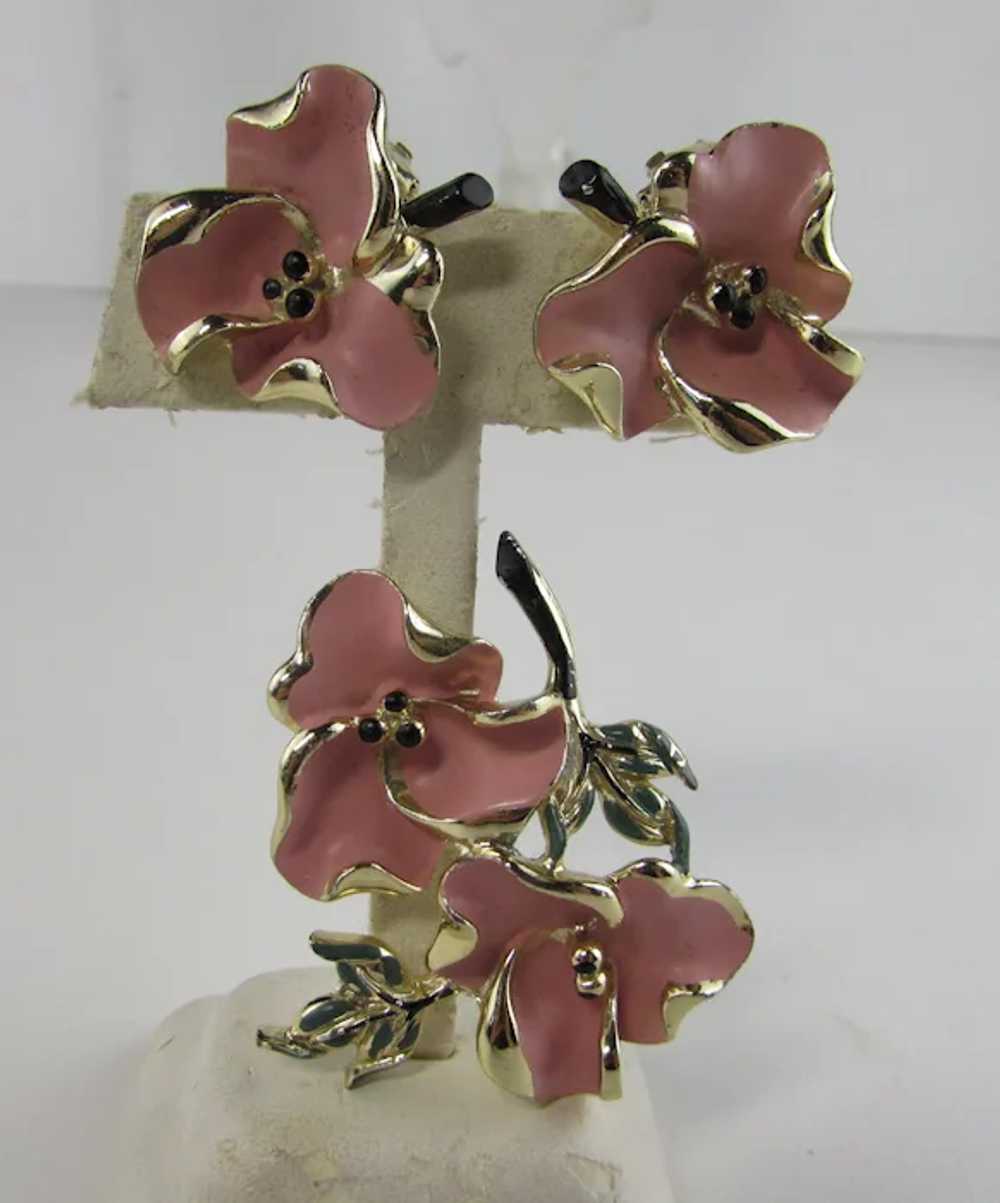 Dogwood Enamelled Flower Pin and Matching Clip On… - image 8