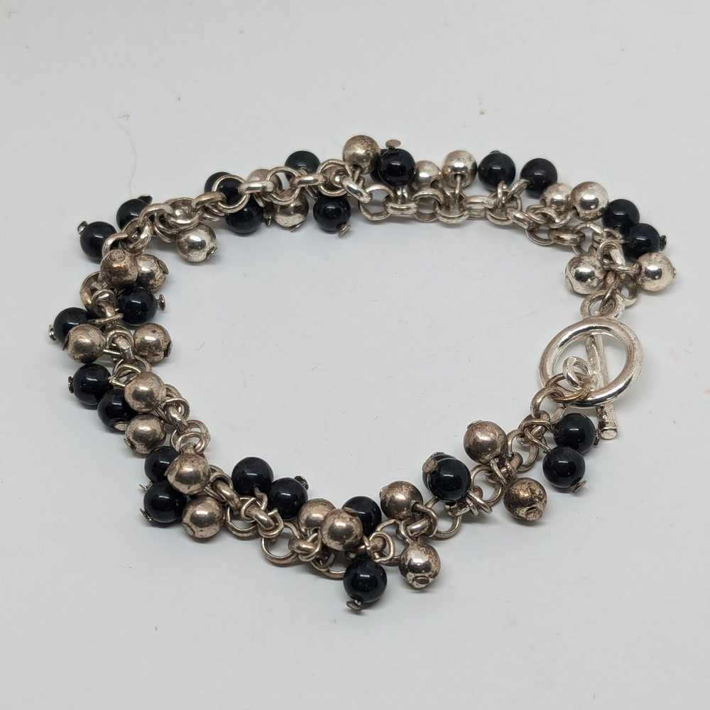 Vintage Silver Tone Black & Silver Beaded Bracelet - image 1