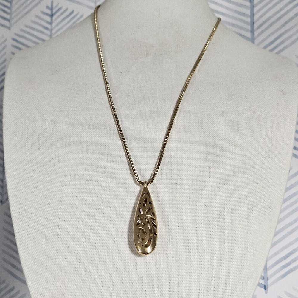 Monet Vintage Gold Tone Teardrop Filigree Pendant… - image 2