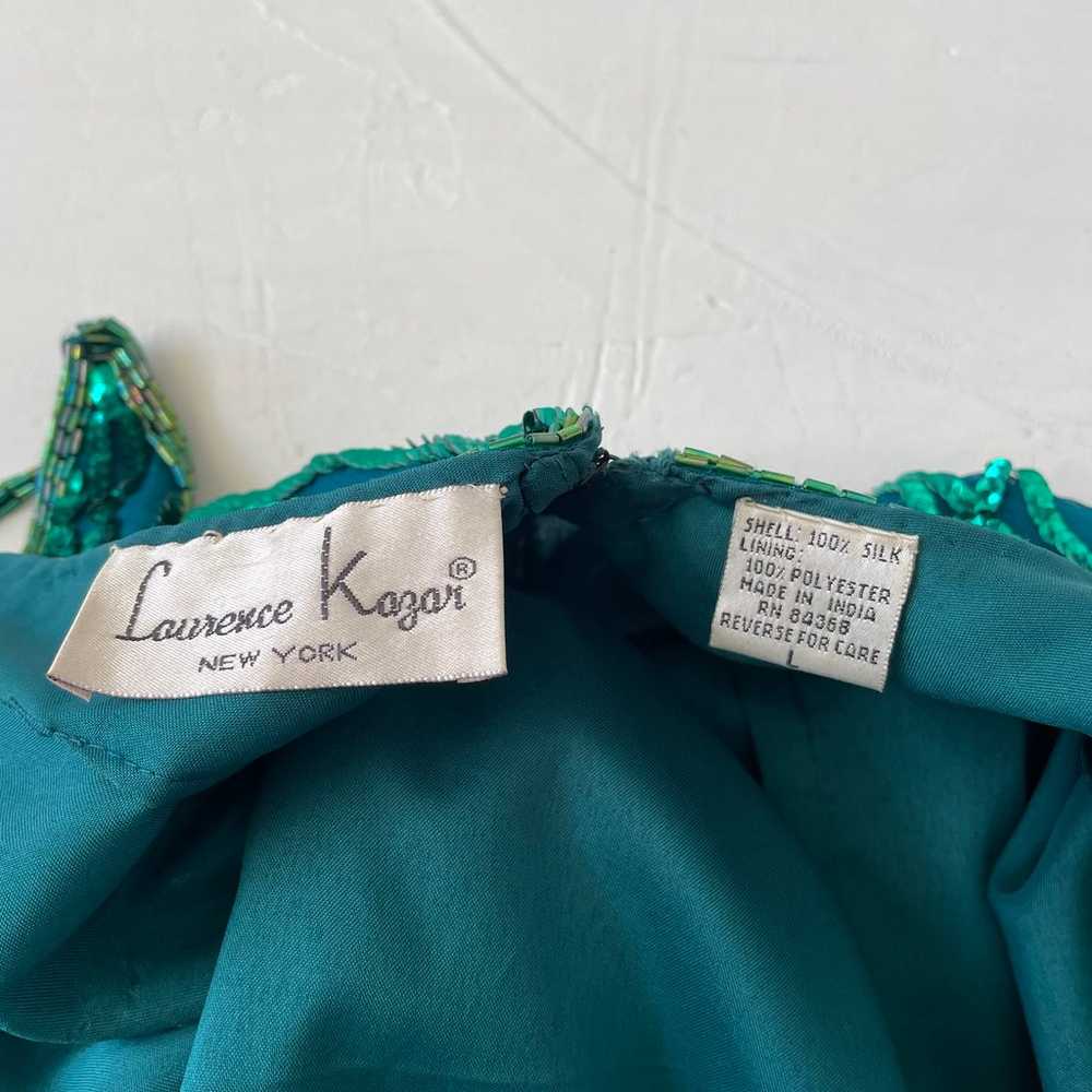 Vintage Laurence Kazar Silk Emerald Green Beaded … - image 3