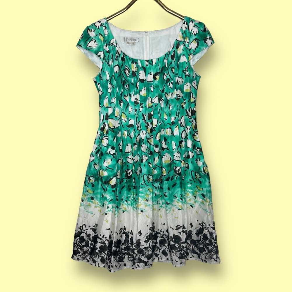 Kay Unger Green Silk Cotton Blend Floral Fit Flar… - image 1